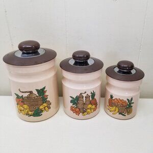 3 Kromex Canisters Lids‎ Nesting Mushrooms Veggies Salt Pepper Vintage 70s Decor